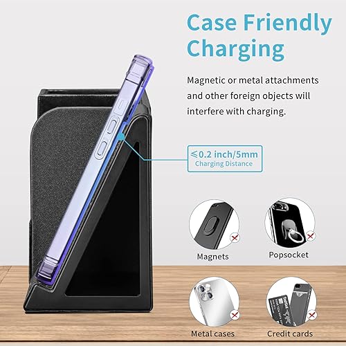 Miniatura 5 de KINGFOM Organizador de escritorio de cuero PU con soporte de estación de carga inalámbrica para iPhone 10W, soporte rectangular para caja de