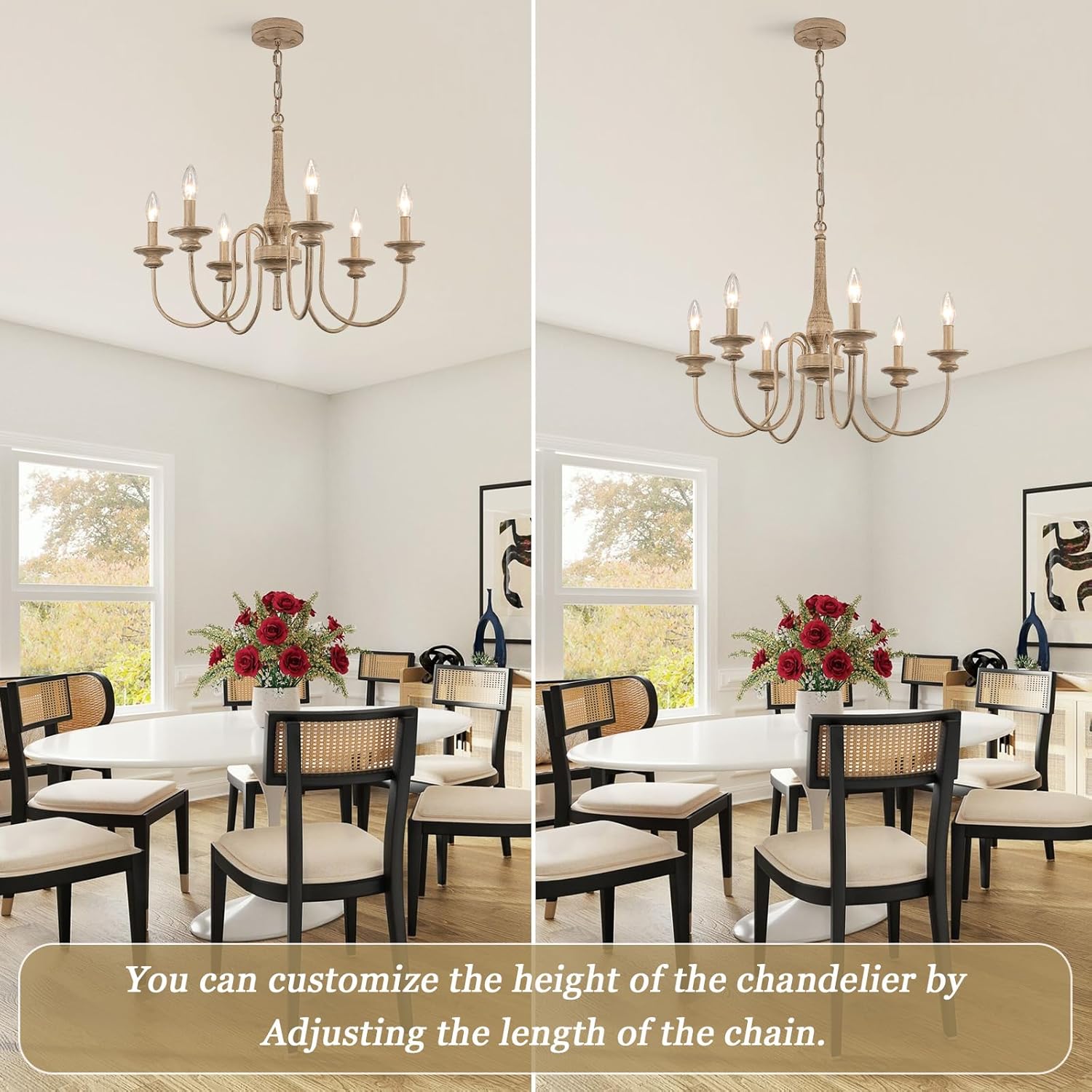 24" French Country Chandelier for Kitchen Island, 9-Light Farmhouse Pendant Light Fixture in Antique White, Adjustable Height for Dining Room & Living Room, Foyer