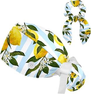 FVQL 2 Pieces Surgical Cap for Long Hair Scrub Cap with Hairband Nurse Cap, Stripes Lemons and Flowers