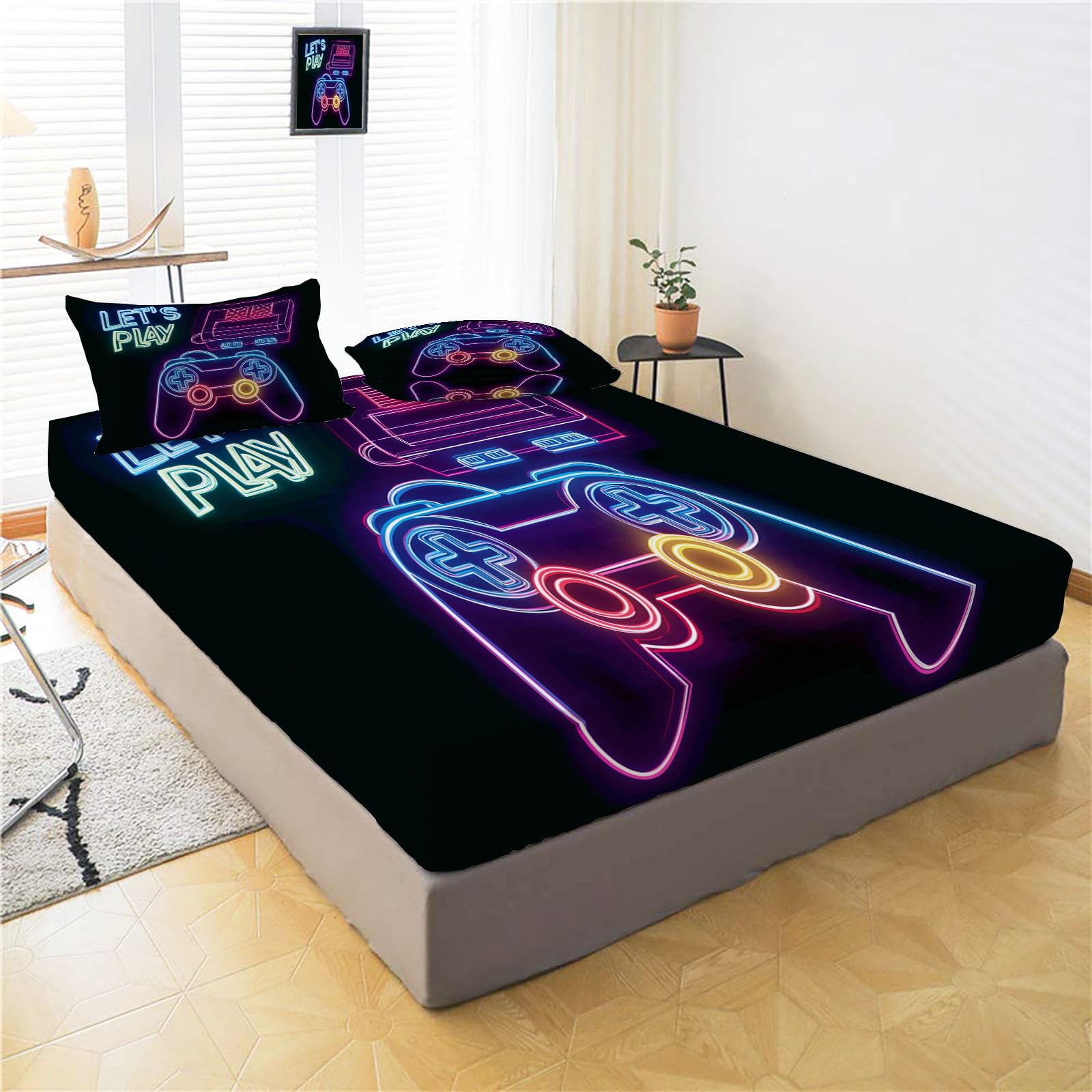 Sábanas 200X190/200Cm - Juego De Sábanas 3 Piezas Estampadas Consola De Juegos De Neón - Microfibra Suave Transpirable - Sábana Bajera Ajustable - Ropa De Cama Póster Retro (Tinta Negra)