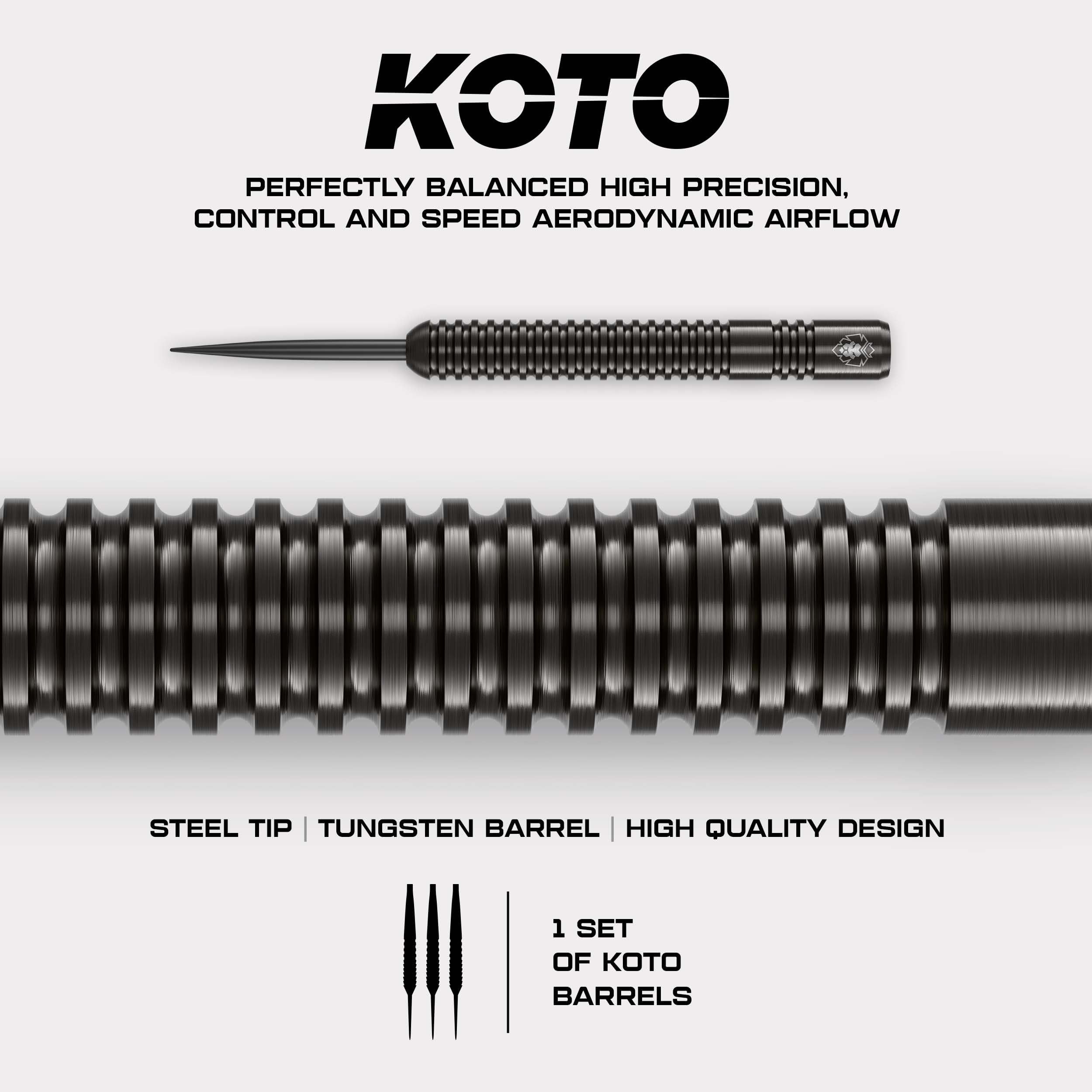 KOTO – Sting Black 90% Tungsten Darts, 23G, Czarny, Rzutki Steel Tip Zestaw | 23G Rzutki Steel Tip, Wolframowe Lotki 90%, W Zestawie 3 Grociki, 6 Lotek & 6 Shaftów, Z Etui, Ring Grip, Straight, Grawer