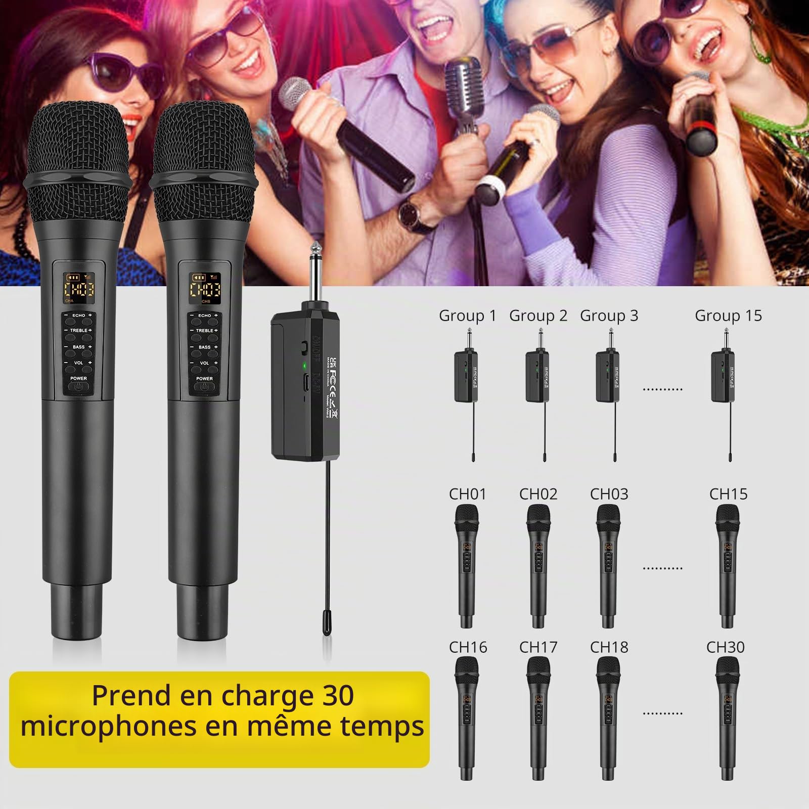 PROZOR Microphone sans Fil UHF, Micro Karaoke sans Fil Fréquence Réglable, Contrôle du Volume, Aigus, Basses, Echo, avec Récepteur Rechargeable, 50mTransmission, Port 3,5&6,5mm pour Église Mariage DJ