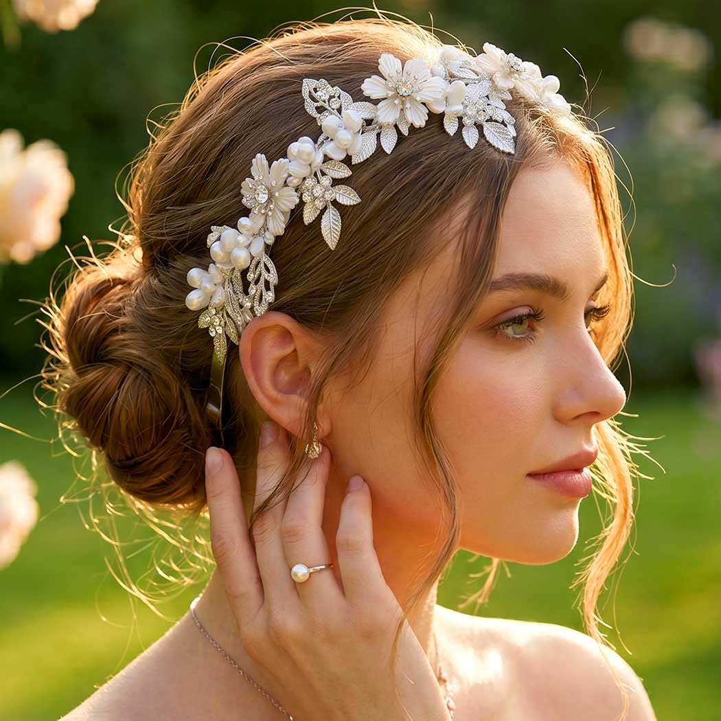 Kilshye Diadema de flores para novia, diadema de hojas para novia, diadema de perlas para mujeres y niñas (plata)
