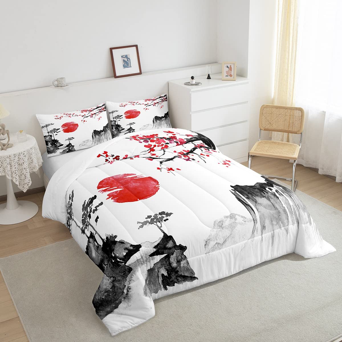 Loussiesd Japanische Ukiyoe Bettdecke 135x200cm Kirschblüten Rote Sonne Steppbett für Kinder Jungen Mädchen Tinte Japanischen Stil 4-Jahreszeiten Bettdecke Exotischer Stil Dekor mit 1 Kissenbezug