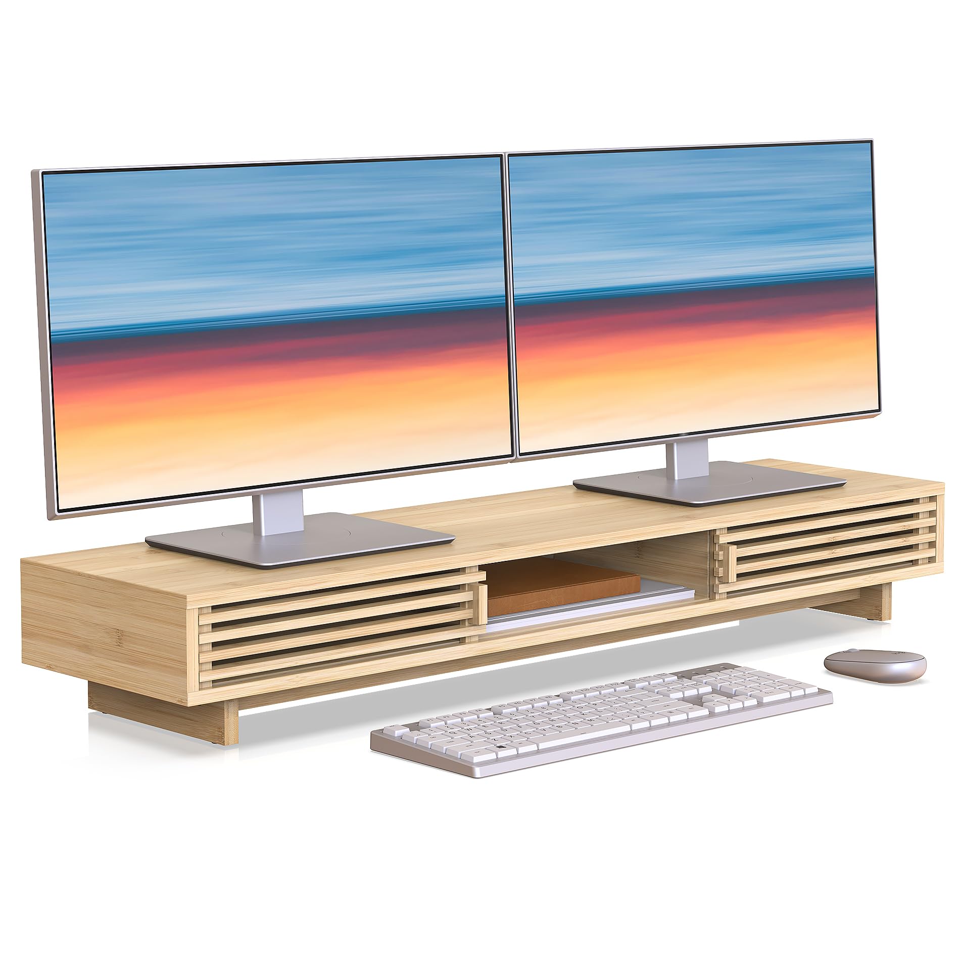 WELL WENG Dual Monitor Stand Riser with Sliding Door, Double Computer Laptop Stand Desk Shelf Organizer with Storage for 2 Monitors (Natural Bamboo,