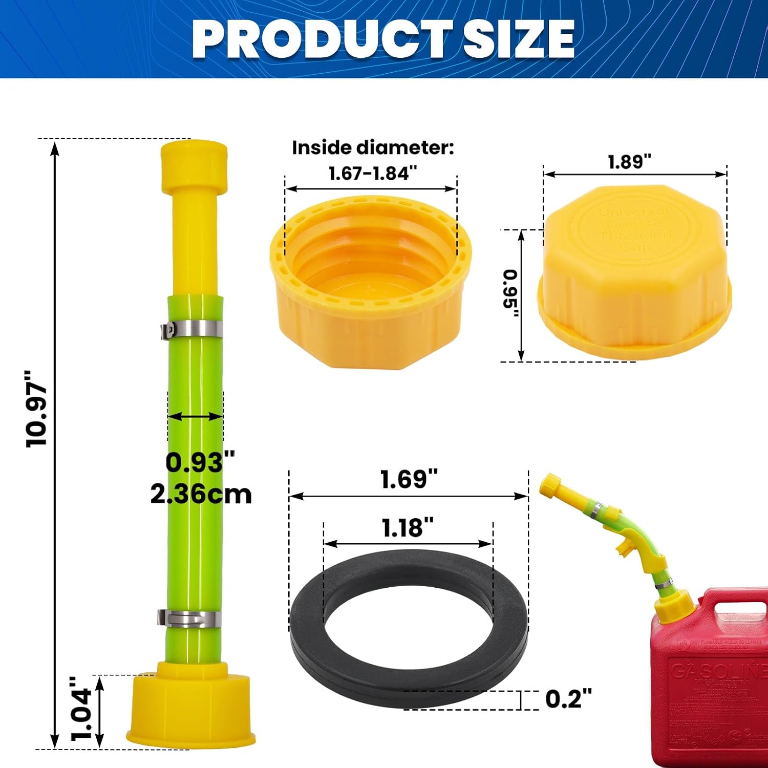 4 PCS 10" Gas Can Spout & Universal Yellow Gas Cap Replacement Kit, Compatible with Midwest/Scepter 1/2/5/10 Gallon Fuel Jugs (Fits 1.75"-1.8" Threads) - Leak-Proof PVC Hose & Durable Sealing Caps
