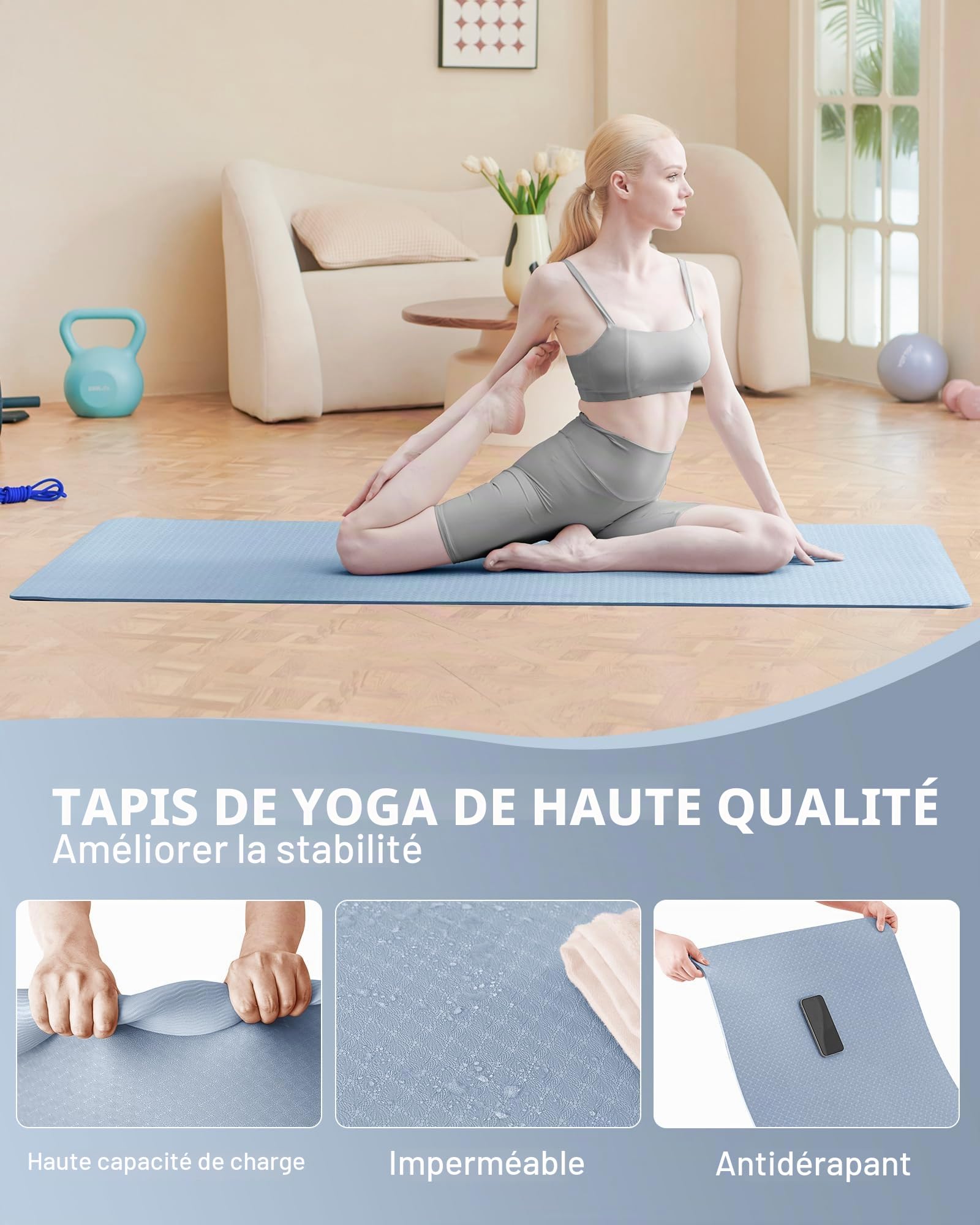 Good Nite Tapis de yoga de gymnastique et de pilates antidérapant pour femme 6 mm d'épaisseur avec sangle de transport TPE 183 x 61 x 0,6 cm