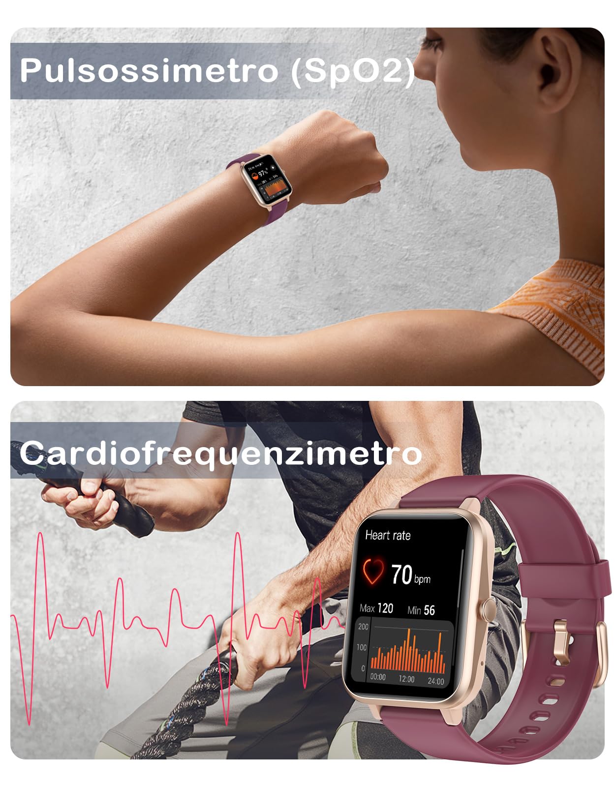 GRV Smartwatch da donna con chiamata touch screen orologio sportivo podometro cardio impermeabile IP68 notifica messaggio tracker di attività cronometro monitoraggio del ciclo per Android iOS viola