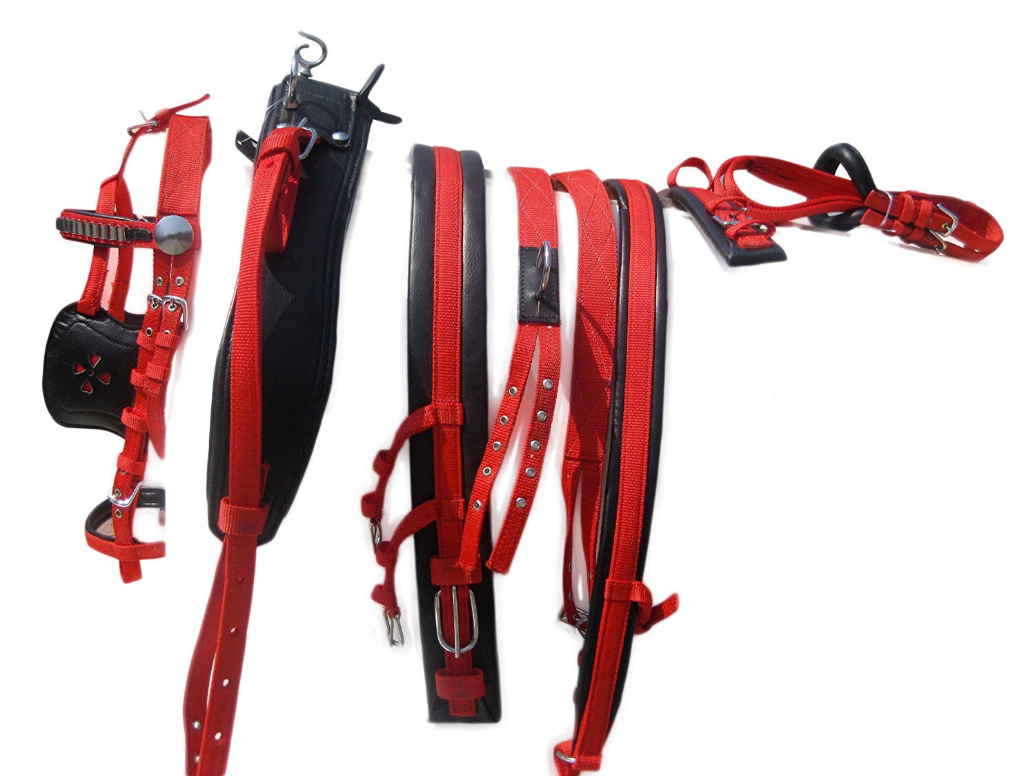 Harnais De Conduite Pour Poney En Cuir Noir – Avec Détails Rouges – Taille 18 Pouces – Neuf