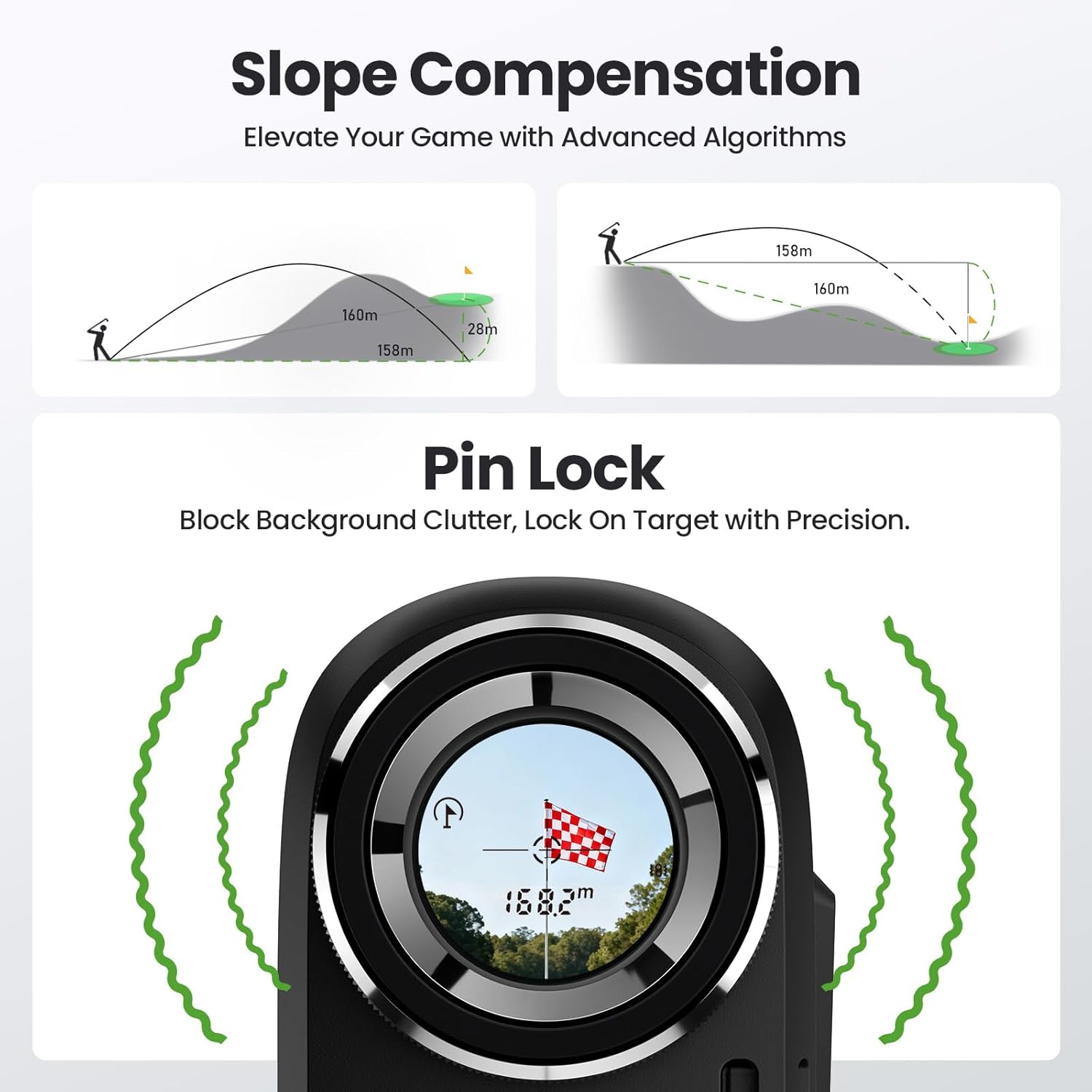 Diagram illustrating slope compensation for uphill and downhill shots, and a close-up of the rangefinder's display showing Pin Lock with vibration alert active, targeting a flagstick.