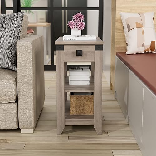 Miniatura 7 de Mesa auxiliar estrecha con estación de carga estilo granja con puertos USB y enchufes para espacios pequeños, mesa lateral delgada para sofá con