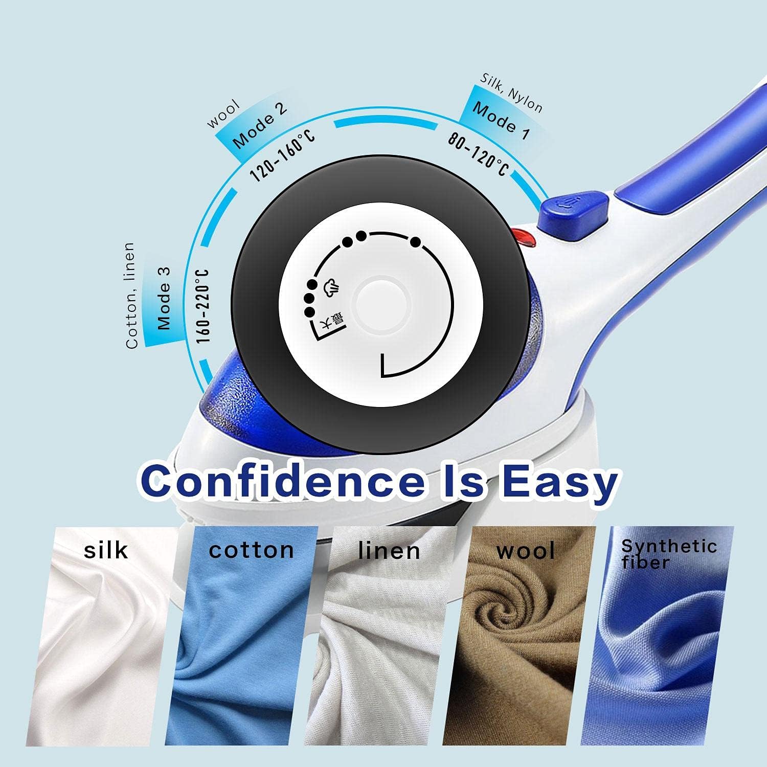 Temperature control dial with settings for different fabrics