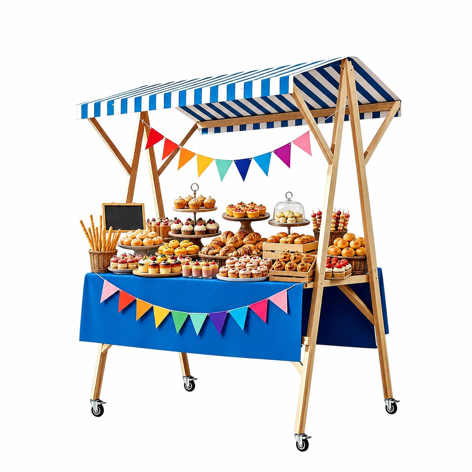 WYHBXD Wooden Market Stall Cart with Canopy, Foldable Vendor Booth on Wheels for Farmers Markets, Lemonade Stand, Parties, Blue(Blue,150cm/59)