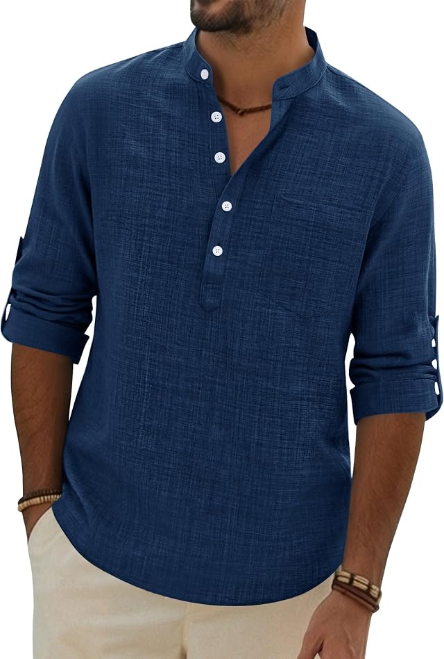 Alimens & Gentle Mens Linen Shirts Henley Long Sleeve Casual Summer Button Down Fashion Top with Pocket S-3XL