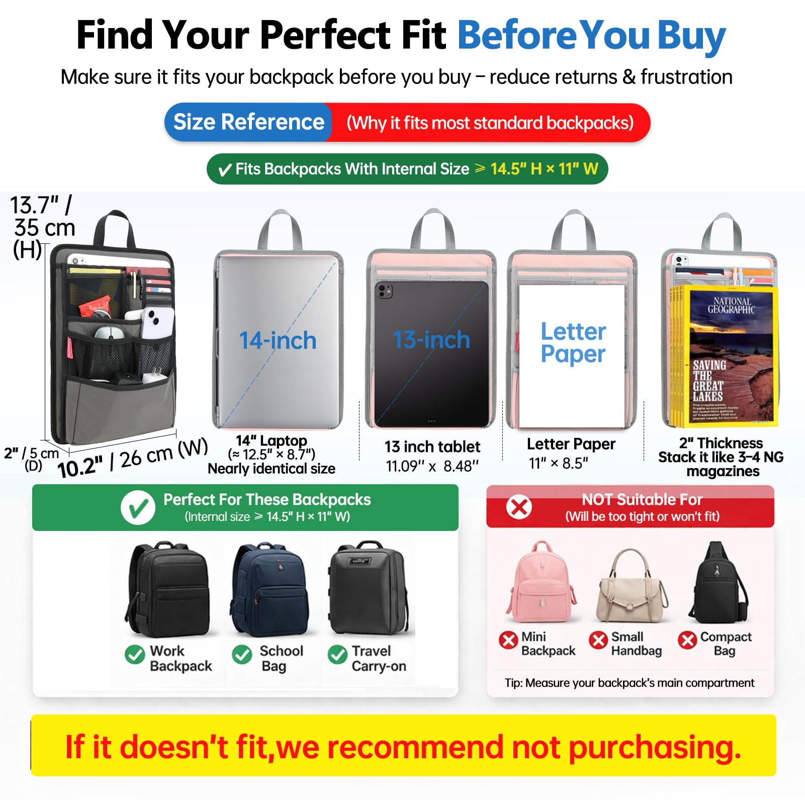 Rugged Silm Backpack Organizer Insert for Laptop A4 Binder Paperwork Document Textbook for Casual Business