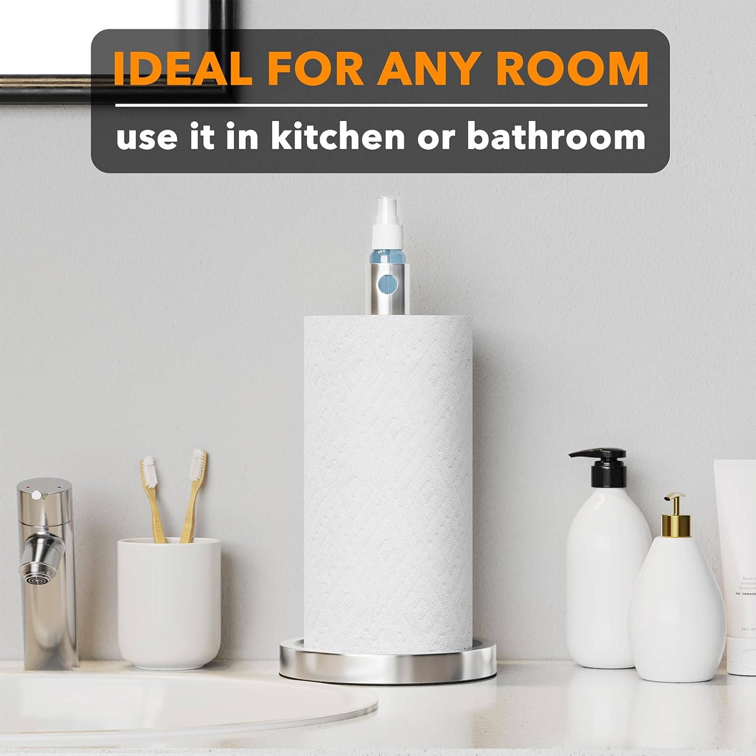 SpaceAid 2 in 1 Paper Towel Holder with Spray Bottle, Countertop Paper Towels Holders Stand with Sprayer Inside Center, Under Cabinet Papertowels Roller for Kitchen and Bathroom (Silver)