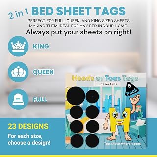 2 in 1 Bed Sheet Marking Tags - King, Queen or Full. for Each Size, Choose a Design. Plus Quick Identification to Put Your Bed Sheets on Right. Great Gift Ideas! #1 in Tags/Sheet Snaps. (Black)