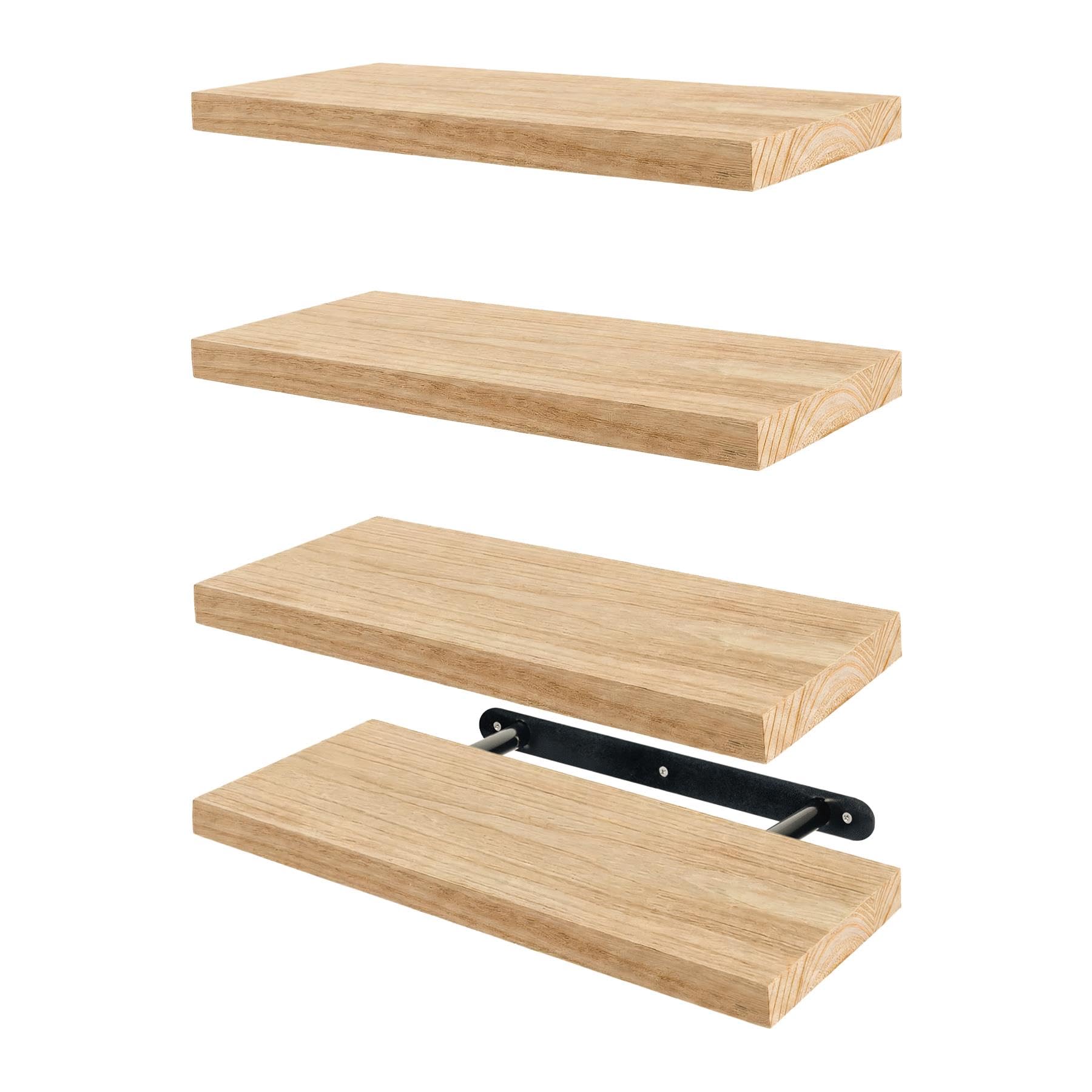 Harbour Housewares 4 Piece Rustic Wooden Floating Shelves Set 40cm - Paulownia Wood Wall Mounted Shelving with Metal Brackets - Storage & Display for Living Room Bedroom Kitchen Bathroom