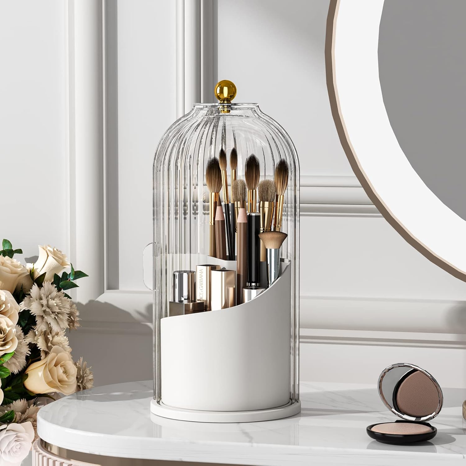 Makeup Brush Holder with Lid 360 Rotating Clear Dustproof Make Up Organizers for Vanity Bathroom Countertop Transparent with