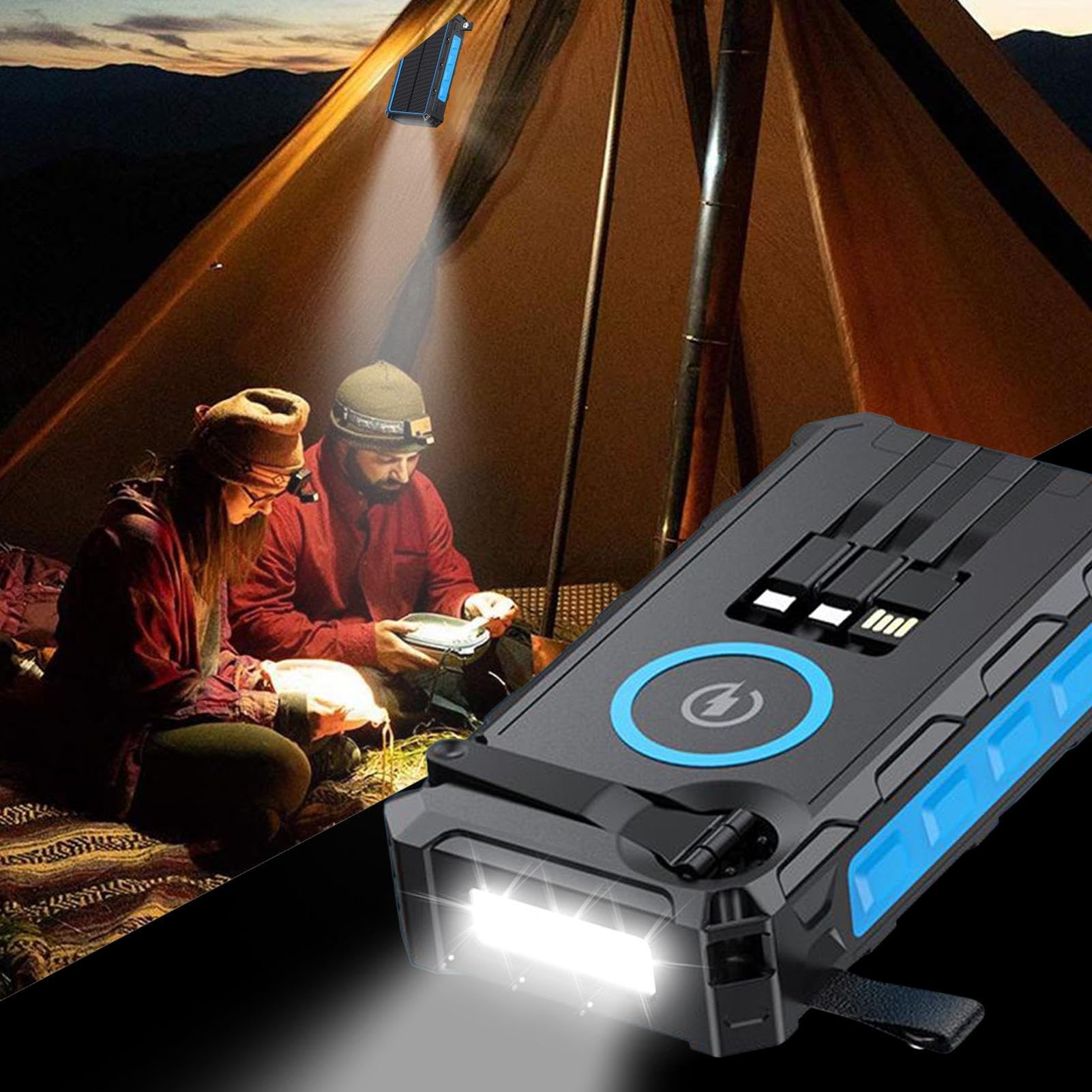 Power Bank portatile a energia solare con manovella, ricarica rapida da 20000 mAh, uscita a 6 dispositivi, impermeabile IPX66, adatta per campeggio, zaino in spalla, uso