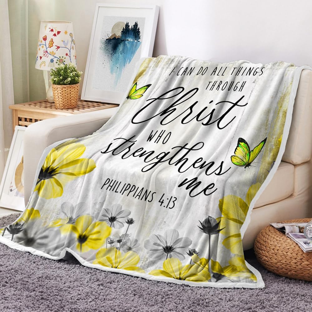 Inspirational Quote Throw Blanket for Couch Bedroom, I Can Do Everything Through Him Who Gives Me Strength Bible Verse Scripture Quotes Soft Thick Flannel Bed Blanket (60"X70"), Yellow