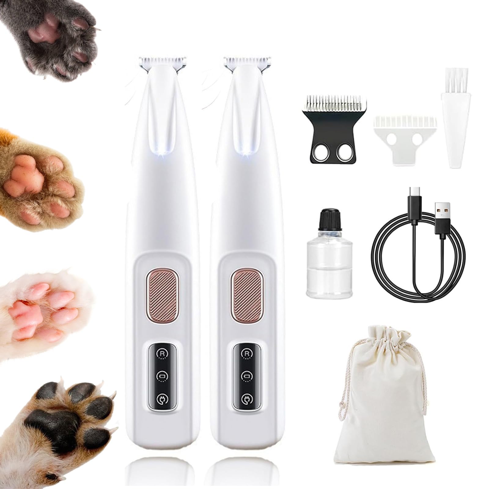 Doggykings 3 in 1 Electric Dog Trimmer, Rechargeable Waterproof with LED Light, Low Noise for Trimming Dog's Hair Around Paws, Eyes, Ears, Face, Rump (White 2pcs)