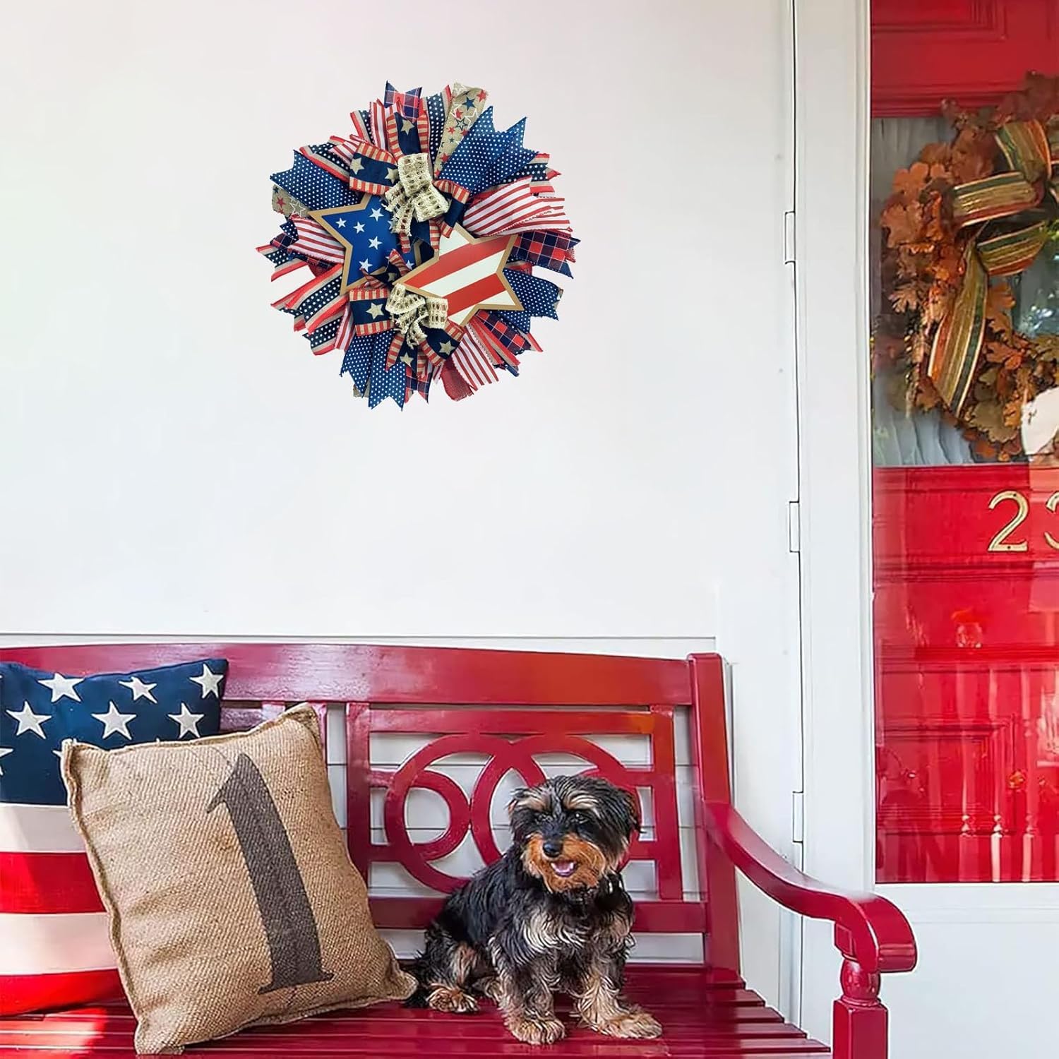 250th Anniversary Patriotic Wreath for Front Door, 17.7 Inch Red White Blue Wreath 4th of July Wreaths Memorial Day Decor Independence Day Decoration for Home Farmhouse Holiday (Star)