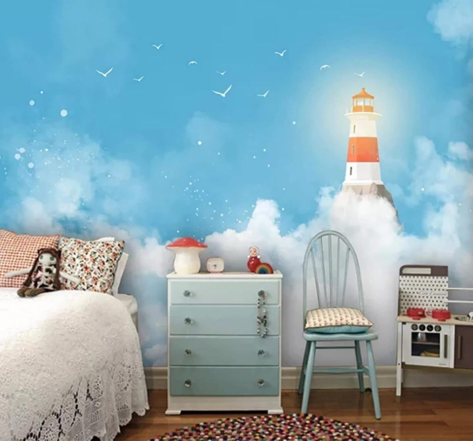 Xlming 250Cm×170Cm(B×H) Blue Sky White Clouds Lighthouse Birds In Flight Scenery 3D Wallpaper Luxury Home Dining Decor Paste Sofa Living Room The Wall For Bedroom Mural-250Cm×170Cm