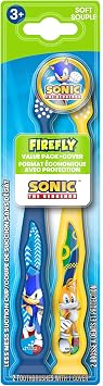 FIREFLY Manual Toothbrush for Kids with Suction Cup, Sonic the Hedgehog, Soft Bristle, 2 toothbrushes + 1 Cover