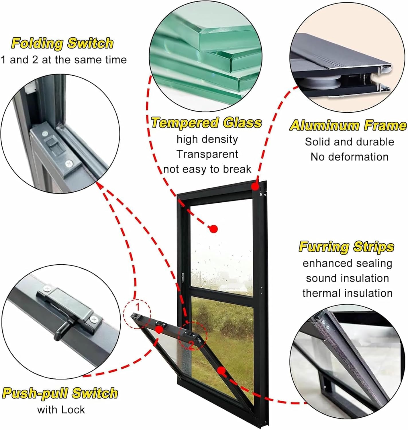 Chicken Coop Windows with Screens, Vertical Sliding Shed Window, Black Aluminum Household Ventilation Replacement Windows, for Bathroom Kitchen Playhouse Barns Greenhouse