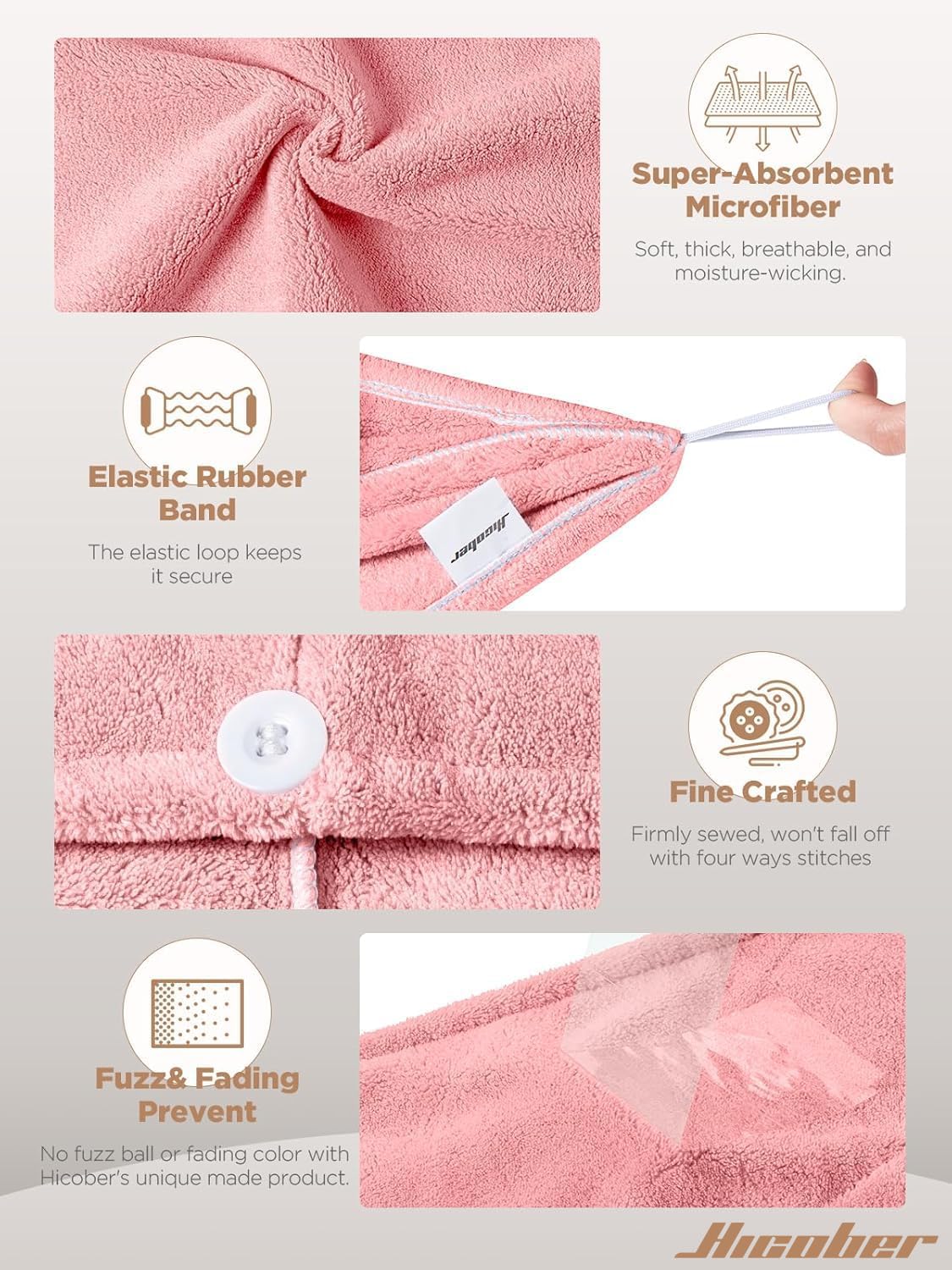  Microfiber Hair Towel Wrap for Women,Quick Dry, Pink Grey, 2-Pack thumbnail