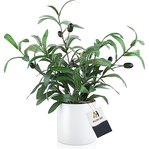 Artificial Mini Olive Tree, 16.5 Inch Nearly Natural Fake Tree Potted Plants, Topiary Silk Artificial Tree Branches and Fruits for Indoor Home Living Room Office Entryway Decor