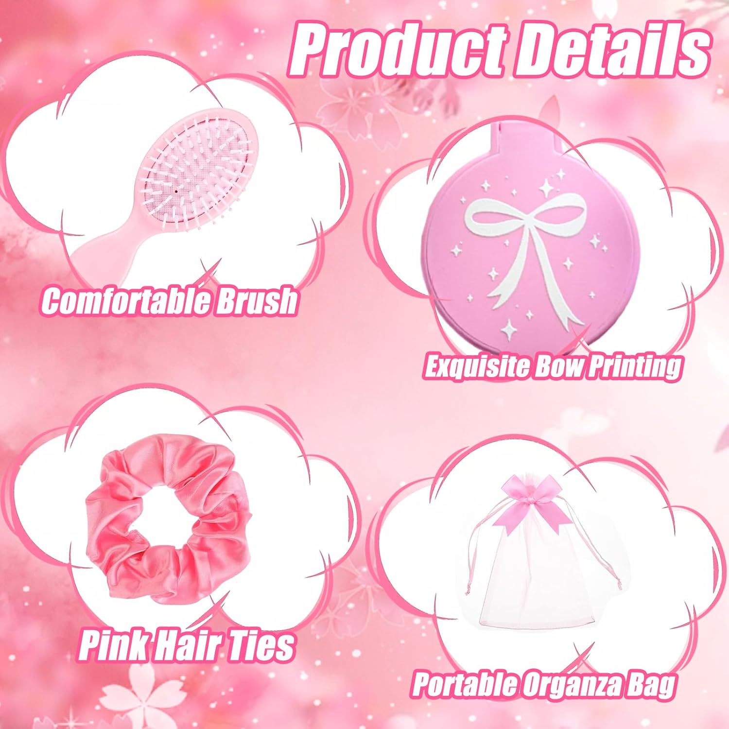 12 Sets Coquette Pink Bow Party Favors, Including Compact Mirror Bulk, Mini Hair Brush, Hair Scrunchies, Preppy Makeup Stuff Accessories Gift for Women Birthday Party Supplies Decorations