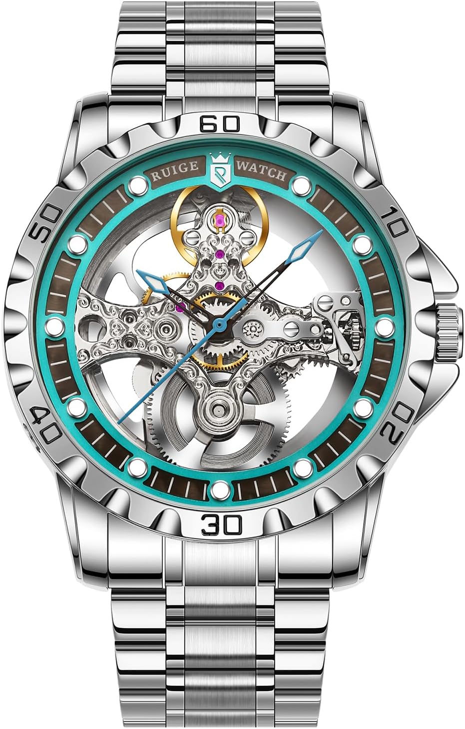 RUIGE Watch Men’s Skeleton Automatic Mechanical Watch, Stainless Steel Bracelet, Luminous, 30M Waterproof, 43MM
