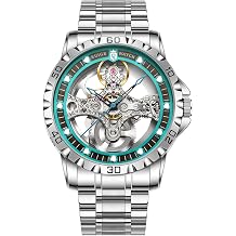 RUIGE Watch Men's Skeleton Automatic Mechanical Watch, Stainless Steel Bracelet, Luminous, 30M Waterproof, 43MM