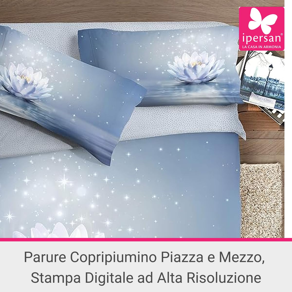 Ipersan Parure Copripiumino una Piazza e Mezza, 100% Cotone Percalle, Sacco Copripiumino 205x200cm + 1 Federa 83x52cm, Stampa Fotografica in Alta Qualità, Made in Europe