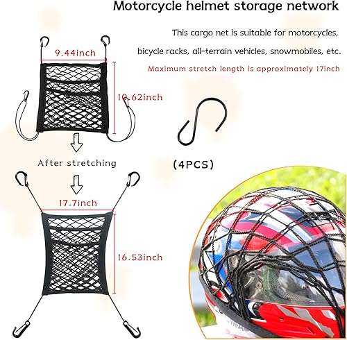 Miniatura 8 de Suvnie Red de carga para motocicleta para almacenamiento de casco, 9.4 x 10.6 pulgadas, red elástica de doble capa de alta elasticidad con 4