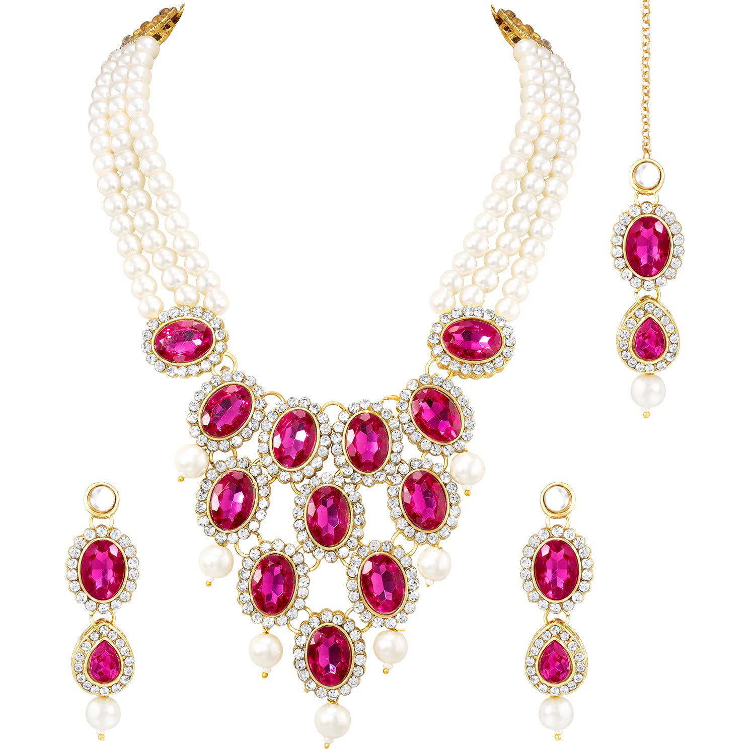 Peora Traditional Gold Plated Pearl & Stone Studded Choker Necklace Drop Earring & Maang Tikka Ethnic Jewellery Set Gift for Women & Girls (Pink) (B0BMGVMYBN) Amazon Price History, Amazon Price Tracker