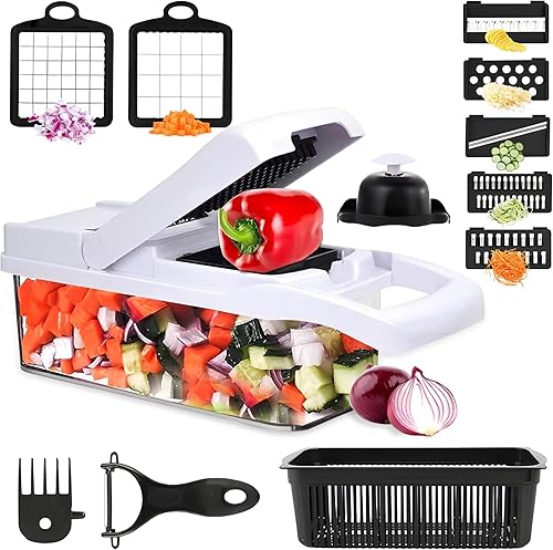 ISHKITCH Picadora manual de verduras y mandolina Cortador de alimentos de varias cuchillas, cortador con cuchillas de acero inoxidable afiladas,