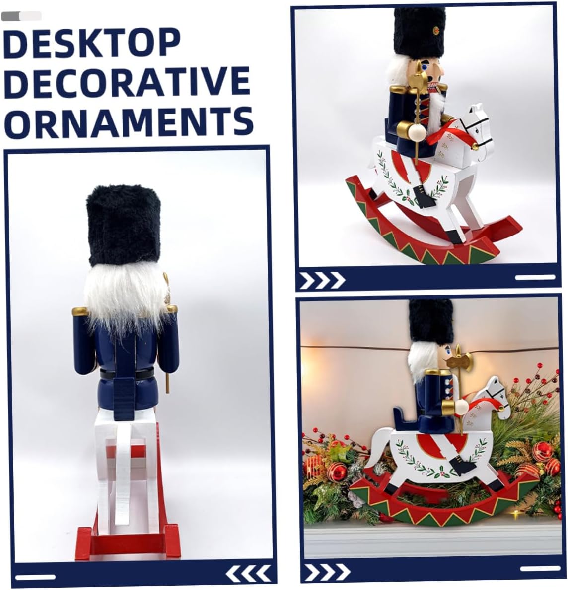 Wooden Christmas Nutcracker Figurine Large Rocking Horse Nutcracker Soldier Tabletop Ornament Blue Holiday Decor for Christmas Party and Home Display