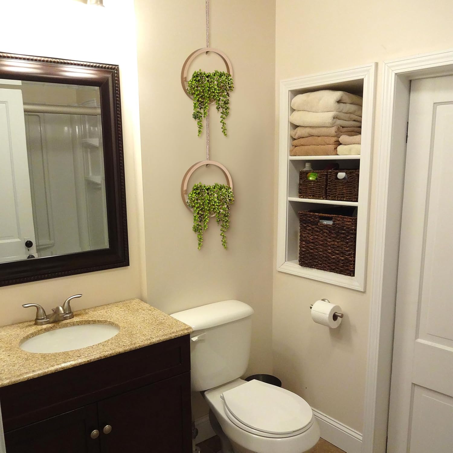 Floweroyal 2pcs Artificial Succulents Hanging Plants 12.2'' Fake String of Pearls in Pot with 8.3'' Lanyard for Indoor Outdoor Wall Decor(Wood Color). - Image 3