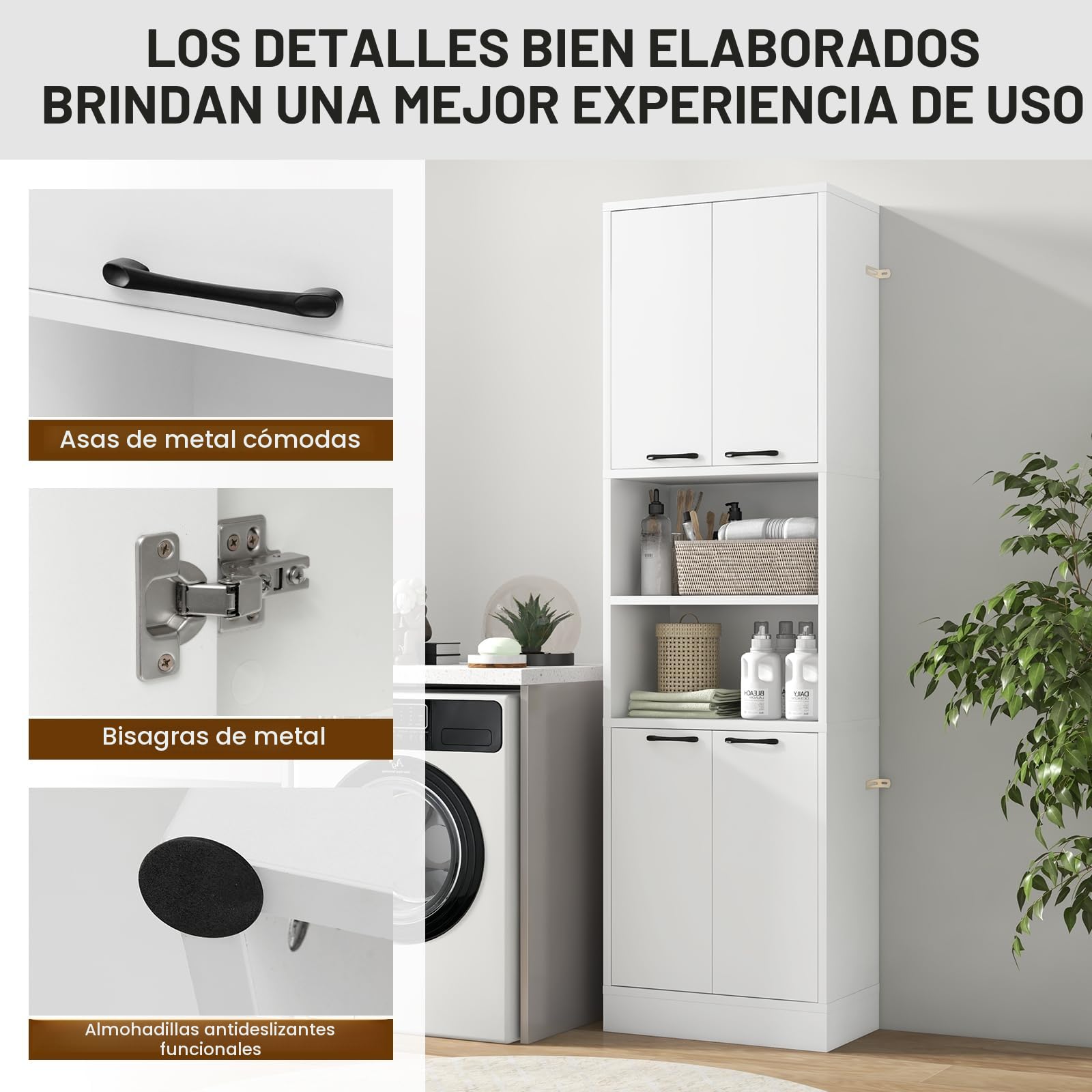 KOMFOTTEU Aparador de Cocina con 2 Armarios con Puertas y Estantes Abiertos, Armario Alto de 6 Niveles con Dispositivo Antivuelco, Mueble de Almacenamiento para Salón, 56 x 30 x 190 cm (Blanco)