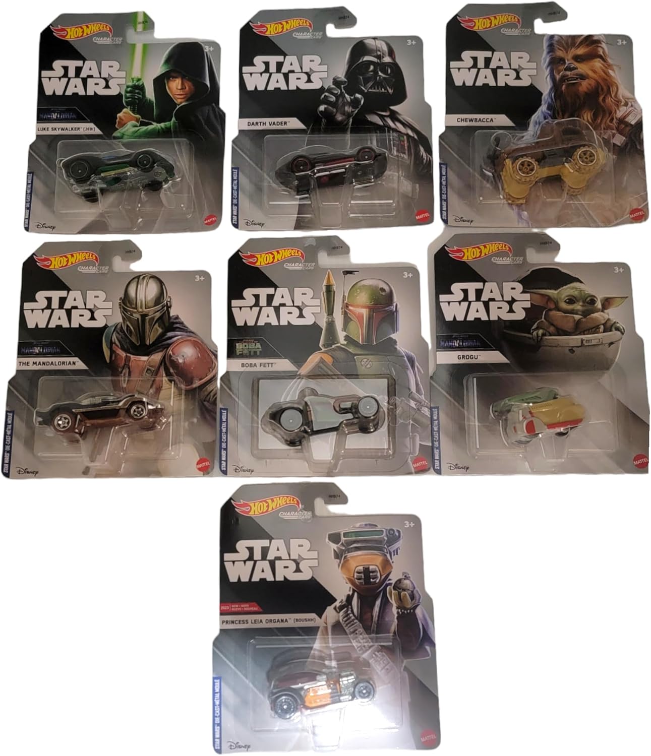 Hot Wheels Star Wars Studio Character Cars – Complete 7‑Pack (HHB74‑956H) | Luke, Darth Vader, Chewbacca, Mandalorian, Boba Fett, Princess Leia & Grogu | 1:64 Die‑Cast – Ages 3+