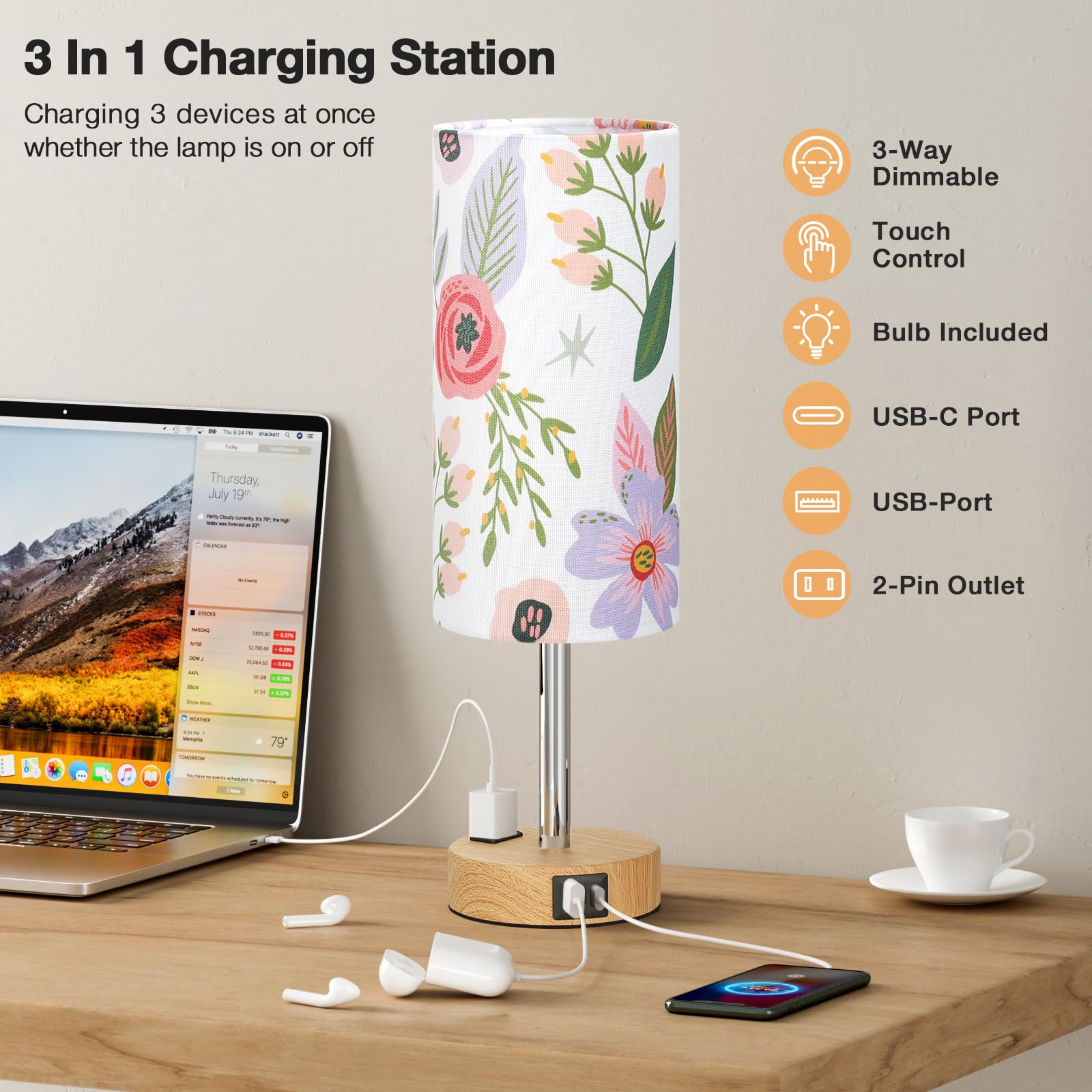 Fenmzee Floral Touch Lamp for Bedroom- 3 Way Dimmable Bedside Lamp