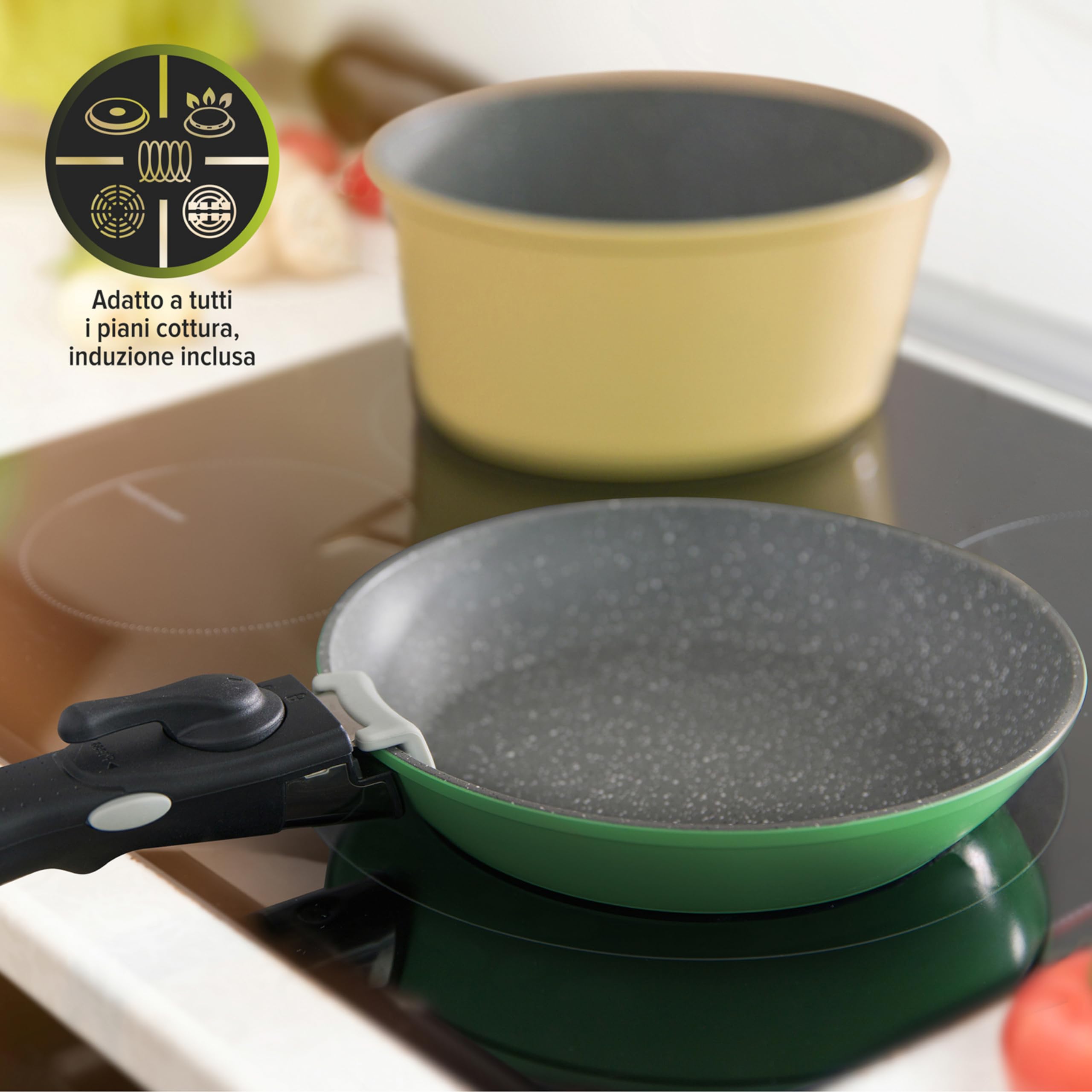 KASANOVA Set Pentole Induzione Young con Manico Staccabile, Batteria di Pentole e Padelle Antiaderente per Fornelli, Induzione e Forno, con 2 Padelle, 2 Pentole e 2 Manici Staccabili