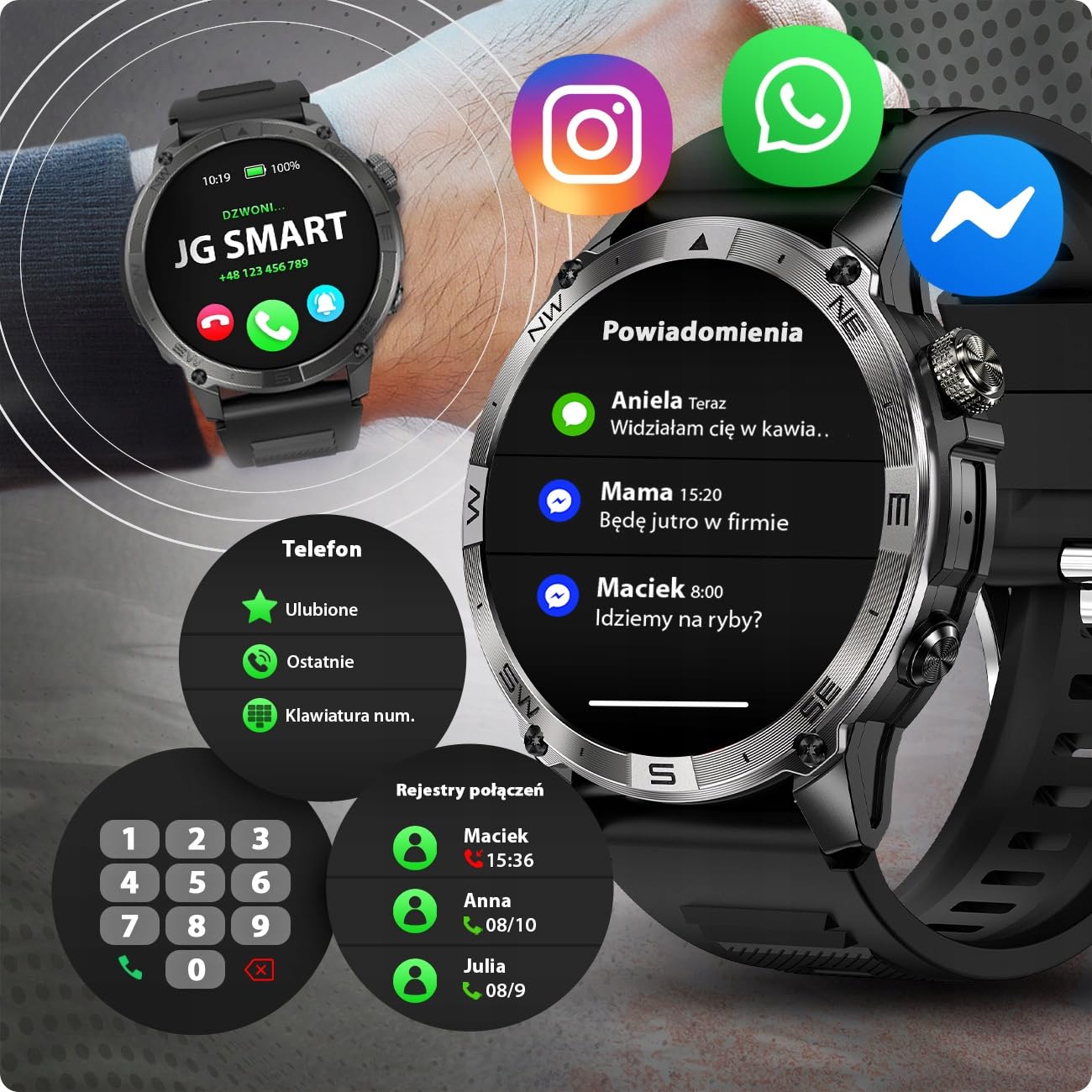 Smartwatch Męski GPS Rozmowy Wodoodporny Menu PL Sport Kompas 530mAh 3paski
