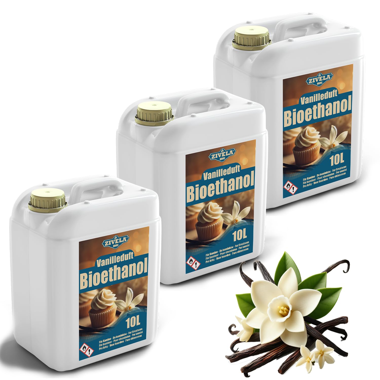 Bioetanolo 96,6% 10 l, profumo di vaniglia biologico 96,6% 3 x 10 l, bioetanolo per camino, caminetto, camino a bioetanolo, profumo di vaniglia, combustione pulita, senza fumo, fiamma vivida e stabile