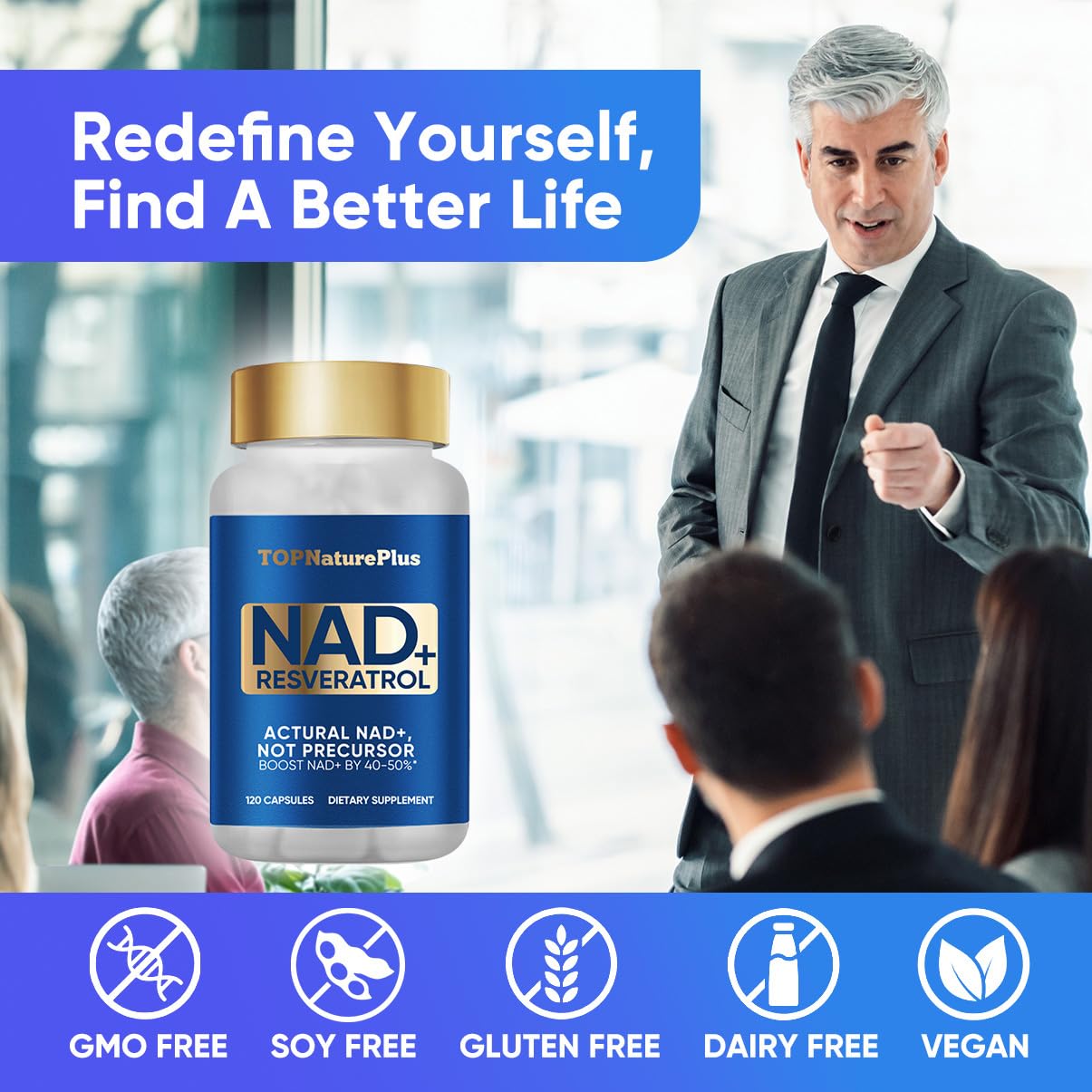 NAD+ Supplement 1000 mg Pure Organic, Highest NAD+ Resveratrol Supplement Max Absorption for Energy and DNA Repair, Aging Defense, Brain Function Support, 120 Capsules
