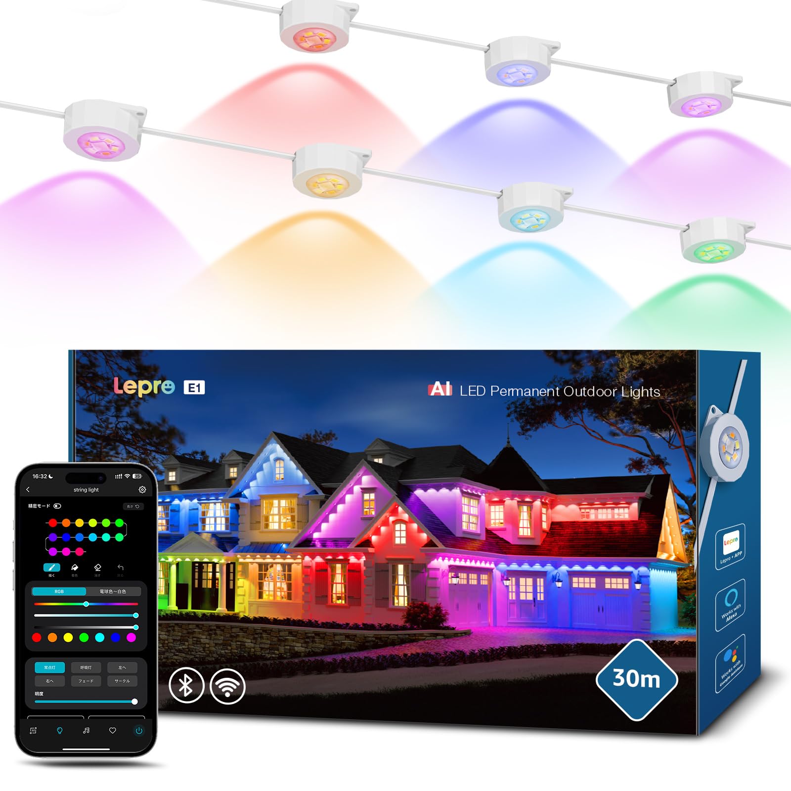 Lepro E1 AI Luci Natale Esterno 30m,60 LED RGBIC & Luce Bianca | Decorazioni Natalizie Compatibile con Alexa/Google Home,Tema AI per Luci Natale,Progettista Illuminazione AI Personalizzato