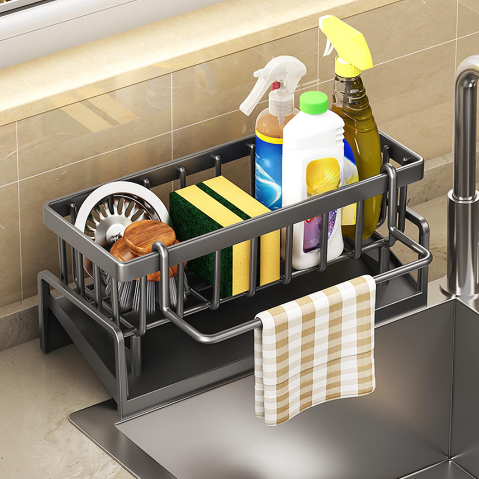 Kitchen Sink Organizer with Drain Tray Sponge Holder Brush Storage Auto-Drying Rack for Dish Soap Cleaning Tools Countertop